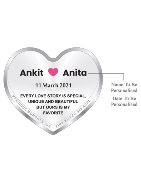 Precious Moments Personalised BIS Hallmarked Happy Anniversary Silver Heart Shape Coin Of 20 Gram in 999 Purity by ACPL