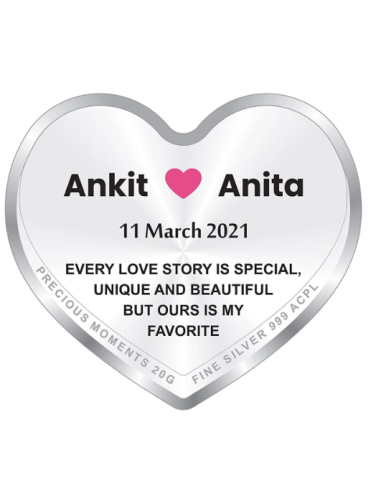 Precious Moments Personalised BIS Hallmarked Happy Anniversary Silver Heart Shape Coin Of 20 Gram in 999 Purity by ACPL