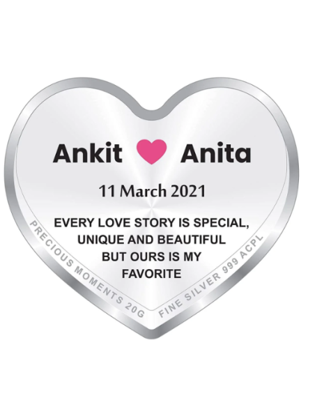 Precious Moments Personalised BIS Hallmarked Happy Anniversary Silver Heart Shape Coin Of 20 Gram in 999 Purity by ACPL