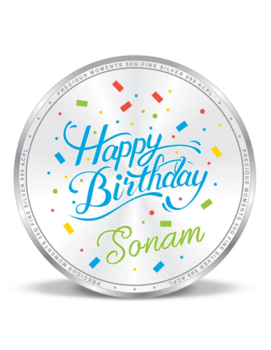 Precious Moments Personalised BIS Hallmarked Happy Birthday Silver Coin Of 50 Gram in 999 Purity / Fineness By ACPL