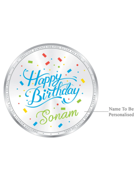 Precious Moments Personalised BIS Hallmarked Happy Birthday Silver Coin Of 50 Gram in 999 Purity / Fineness By ACPL