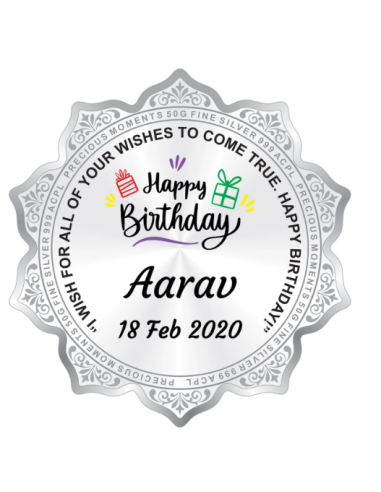 Precious Moments Personalised BIS Hallmarked Happy Birthday Silver Flower Shape Coin Of 20 Gram in 999 Purity / Fineness By ACPL