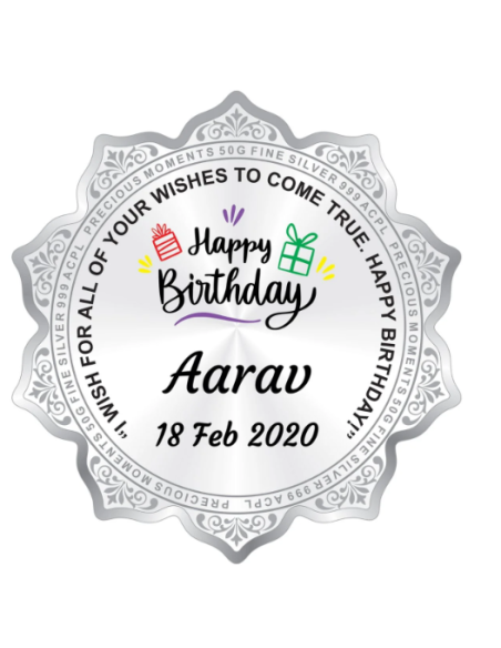 Precious Moments Personalised BIS Hallmarked Happy Birthday Silver Flower Shape Coin Of 20 Gram in 999 Purity / Fineness By ACPL