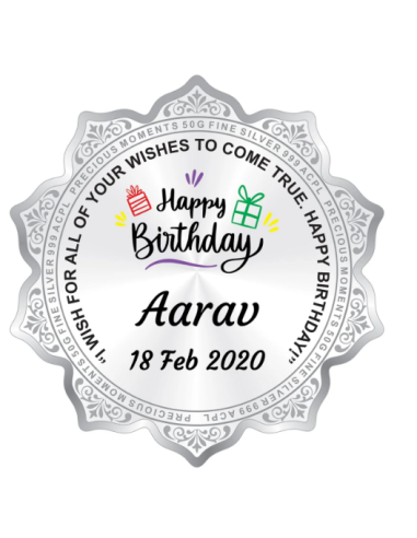 Precious Moments Personalised BIS Hallmarked Happy Birthday Silver Flower Shape Coin Of 50 Gram in 999 Purity / Fineness By ACPL