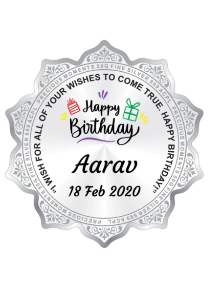 Precious Moments Personalised BIS Hallmarked Happy Birthday Silver Flower Shape Coin Of 50 Gram in 999 Purity / Fineness By ACPL