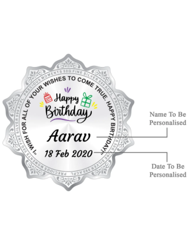 Precious Moments Personalised BIS Hallmarked Happy Birthday Silver Flower Shape Coin Of 50 Gram in 999 Purity / Fineness By ACPL