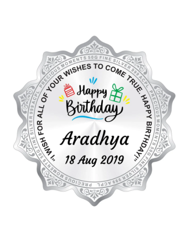 Precious Moments Personalised BIS Hallmarked Happy Birthday Silver Flower Shape Coin Of 50 Gram in 999 Purity / Fineness By ACPL