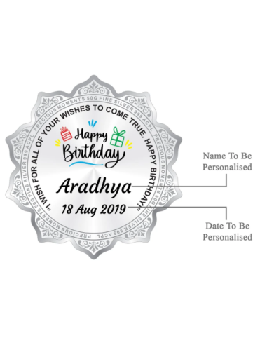 Precious Moments Personalised BIS Hallmarked Happy Birthday Silver Flower Shape Coin Of 50 Gram in 999 Purity / Fineness By ACPL