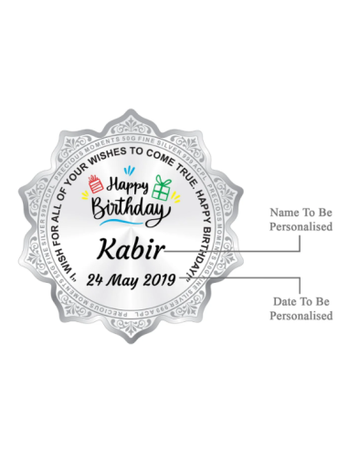 Precious Moments Personalised BIS Hallmarked Happy Birthday Silver Flower Shape Coin Of 20 Gram in 999 Purity / Fineness By ACPL
