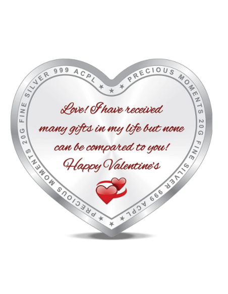 Precious Moments Personalised BIS Hallmarked Happy Valentines Day Silver Heart Shape Coin Of 20 Gram in 999 Purity by ACPL