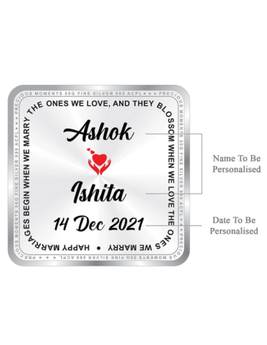 Precious Moments Personalised BIS Hallmarked Newly Married Silver Square Coin Of 50 Gram in 999 Purity / Fineness By ACPL