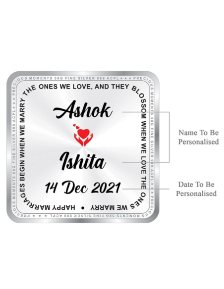 Precious Moments Personalised BIS Hallmarked Newly Married Silver Square Coin Of 50 Gram in 999 Purity / Fineness By ACPL