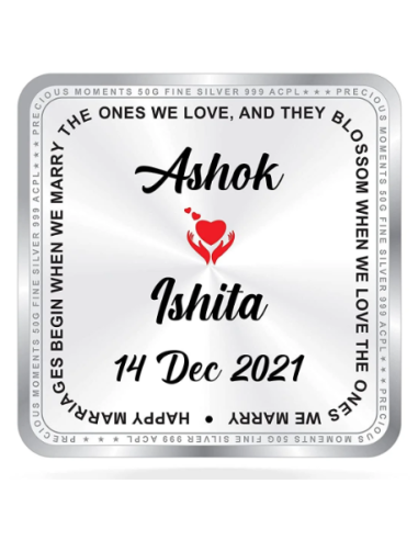 Precious Moments Personalised BIS Hallmarked Newly Married Silver Square Coin Of 50 Gram in 999 Purity / Fineness By ACPL