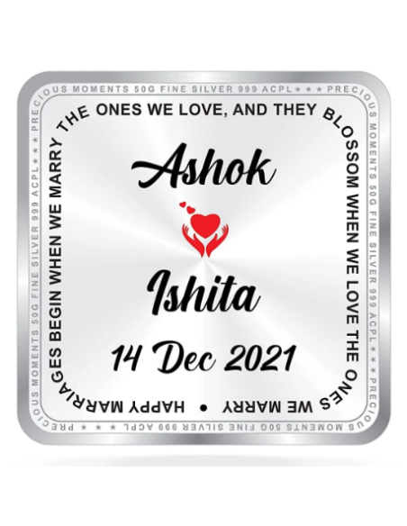 Precious Moments Personalised BIS Hallmarked Newly Married Silver Square Coin Of 50 Gram in 999 Purity / Fineness By ACPL