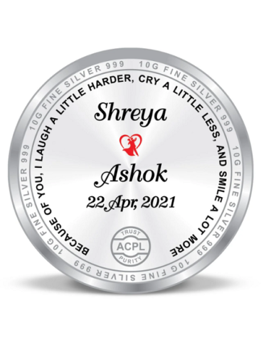 Precious Moments Personalised BIS Hallmarked Anniversary Silver Coin Of 10 Gram in 999 Purity / Fineness By ACPL
