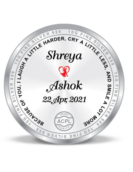 Precious Moments Personalised BIS Hallmarked Anniversary Silver Coin Of 20 Gram in 999 Purity / Fineness By ACPL