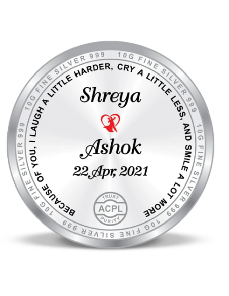 Precious Moments Personalised BIS Hallmarked Anniversary Silver Coin Of 50 Gram in 999 Purity / Fineness By ACPL