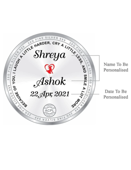 Precious Moments Personalised BIS Hallmarked Anniversary Silver Coin Of 50 Gram in 999 Purity / Fineness By ACPL