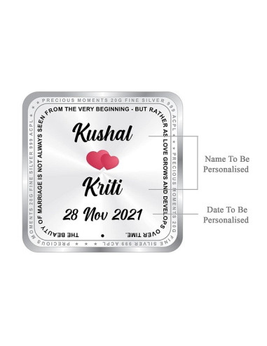 ACPL Personalised BIS Hallmarked Newly Married Silver Square Coin Of 20 Gram in 999 Purity / Fineness