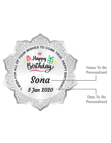 Precious Moments Personalised BIS Hallmarked Happy Birthday Silver Flower Shape Coin Of 20 Gram in 999 Purity / Fineness By ACPL