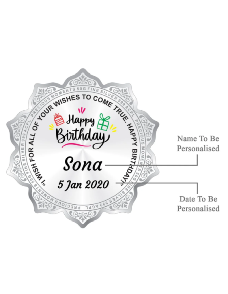 Precious Moments Personalised BIS Hallmarked Happy Birthday Silver Flower Shape Coin Of 50 Gram in 999 Purity / Fineness By ACPL
