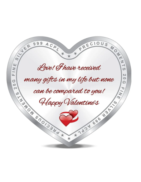 Precious Moments Personalised BIS Hallmarked Happy Valentines Day Silver Heart Shape Coin Of 20 Gram in 999 Purity by ACPL