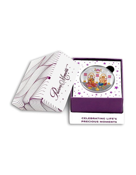 Precious Moments Color Maa Lakshmi & Lord Ganesh Ji BIS Hallmarked Silver Coin Of 50 Gram in 999 Purity / Fineness by ACPL