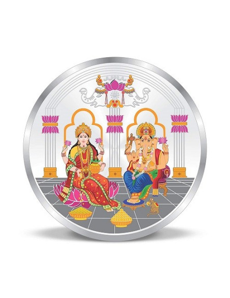 Precious Moments Color Maa Lakshmi & Lord Ganesh Ji BIS Hallmarked Silver Coin Of 50 Gram in 999 Purity / Fineness by ACPL