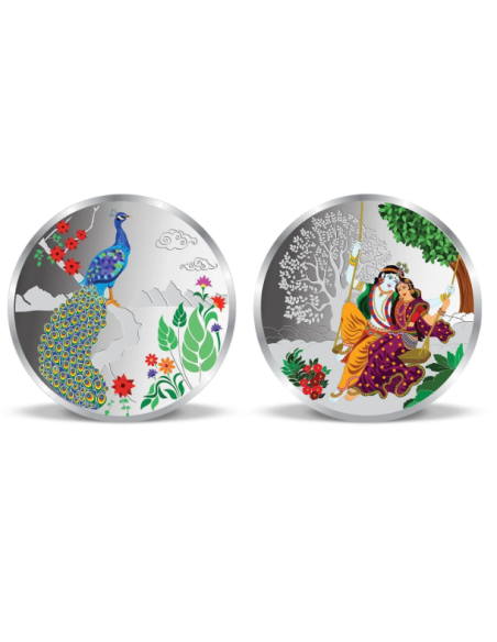 Precious Moments Color Radha Krishna & Peacock BIS Hallmarked Silver Coin Of [10 Grams X 2 ] in 999 Purity / Fineness COMBO SET