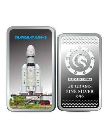 Omkar Mint Chandrayaan Color Silver Bar Of 50 Grams in 999 Purity Fineness