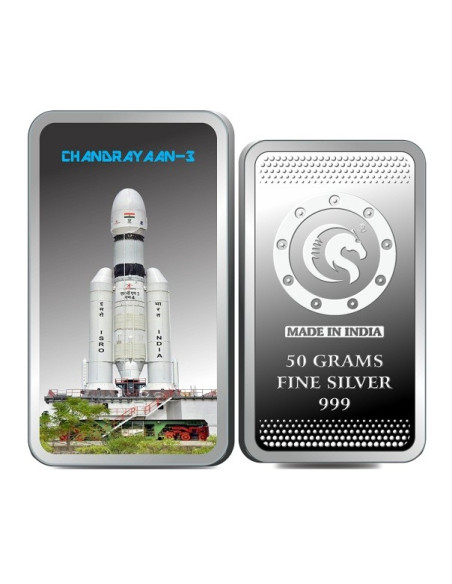 Omkar Mint Chandrayaan Color Silver Bar Of 50 Grams in 999 Purity Fineness