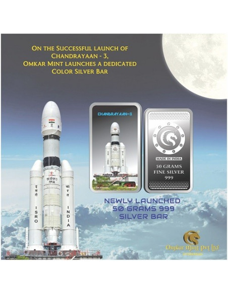 Omkar Mint Chandrayaan Color Silver Bar Of 50 Grams in 999 Purity Fineness