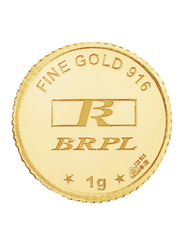 BRPL Bangalore Refinery Gold Coin Of 1 Grams in 22 Karat 916 Purity / Fineness