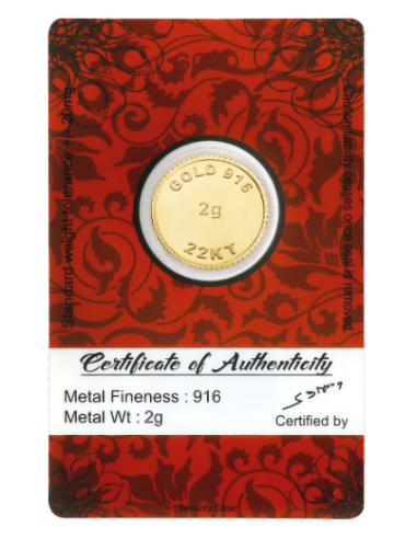 BRPL Bangalore Refinery Gold Coin Of 2 Grams in 22 Karat 916 Purity /