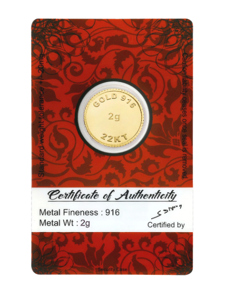 BRPL Bangalore Refinery Gold Coin Of 2 Grams in 22 Karat 916 Purity /