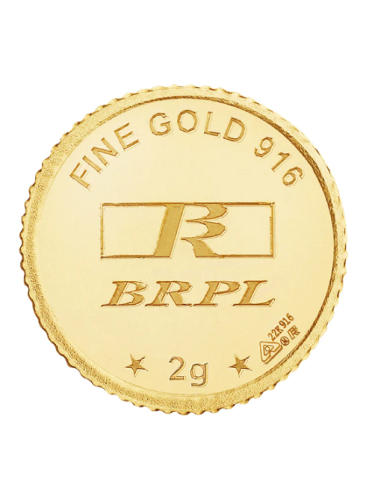 BRPL Bangalore Refinery Gold Coin Of 2 Grams in 22 Karat 916 Purity /