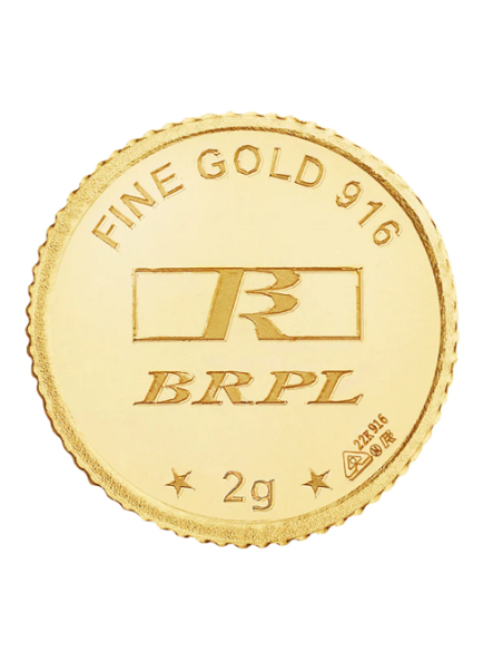 BRPL Bangalore Refinery Gold Coin Of 2 Grams in 22 Karat 916 Purity /