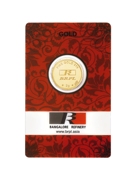 BRPL Bangalore Refinery Gold Coin Of 2 Grams in 22 Karat 916 Purity /