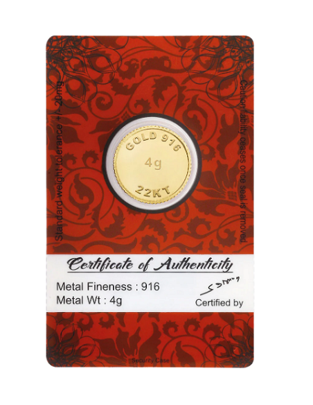 BRPL Bangalore Refinery Gold Coin Of 4 Grams in 22 Karat 916 Purity /