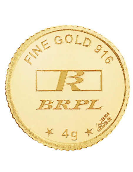 BRPL Bangalore Refinery Gold Coin Of 4 Grams in 22 Karat 916 Purity /