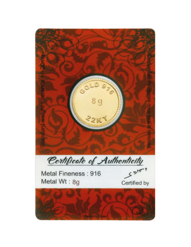 BRPL Bangalore Refinery Gold Coin Of 8 Grams in 22 Karat 916 Purity /