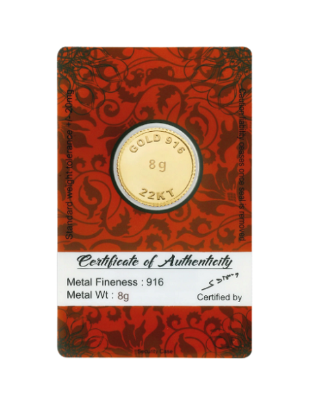BRPL Bangalore Refinery Gold Coin Of 8 Grams in 22 Karat 916 Purity /