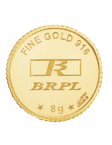 BRPL Bangalore Refinery Gold Coin Of 8 Grams in 22 Karat 916 Purity /