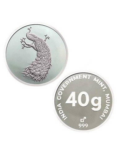 India Govt. Mint Peacock Silver Coin Of 40 grams in 999 purity Fineness