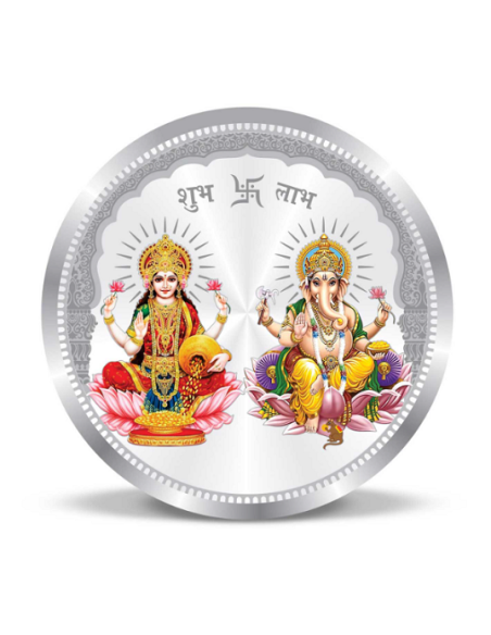 Precious Moments BIS Hallmarked Colorful Lakshmi Ganesh Silver Coin Of 50 Gram in 999 Purity / Fineness by ACPL