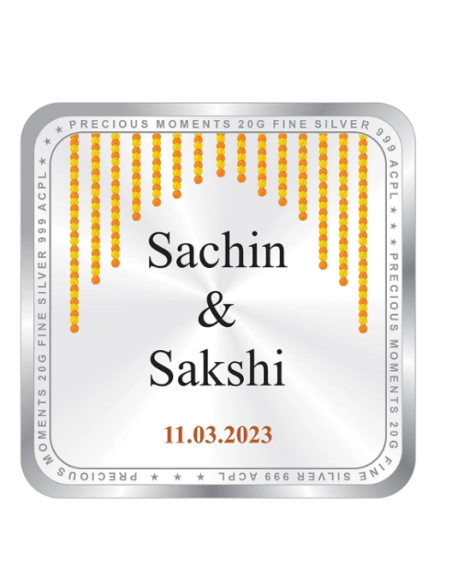 Precious Moments Personalised BIS Hallmarked Newly Married Silver Square Coin Of 10 Gram in 999 Purity / Fineness By ACPL