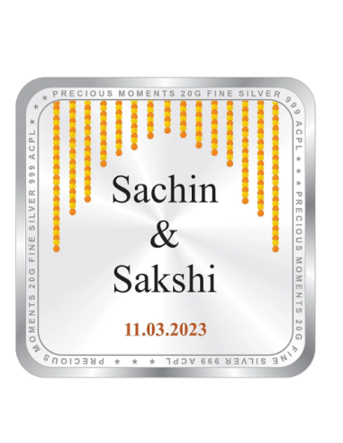 Precious Moments Personalised BIS Hallmarked Newly Married Silver Square Coin Of 20 Gram in 999 Purity / Fineness By ACPL