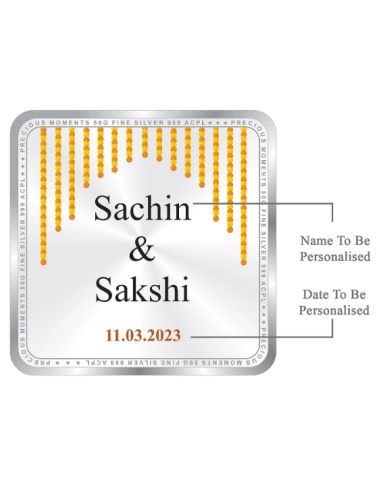 Precious Moments Personalised BIS Hallmarked Newly Married Silver Square Coin Of 20 Gram in 999 Purity / Fineness By ACPL