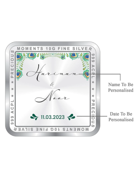 Precious Moments Personalised BIS Hallmarked Newly Married Silver Square Coin Of 20 Gram in 999 Purity / Fineness By ACPL