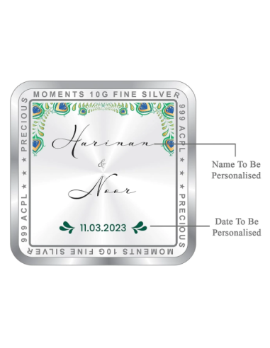 Precious Moments Personalised BIS Hallmarked Newly Married Silver Square Coin Of 50 Gram in 999 Purity / Fineness By ACPL